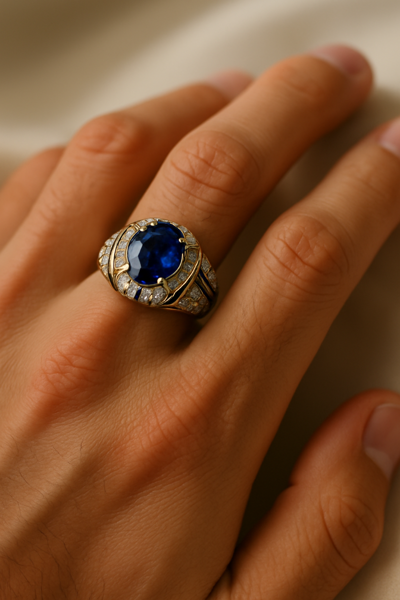 Men's Ring with Natural Blue Sapphire and Diamonds - Top Viaggiare Solutions™