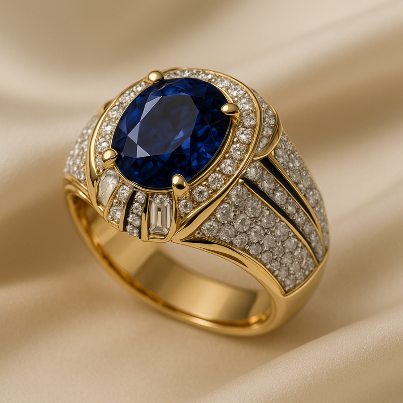 Men's Ring with Natural Blue Sapphire and Diamonds - Top Viaggiare Solutions™