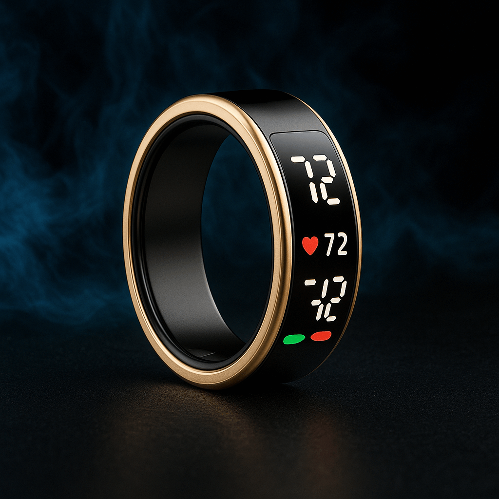 Smart ring with black touch screen wearable technology and digital notification control