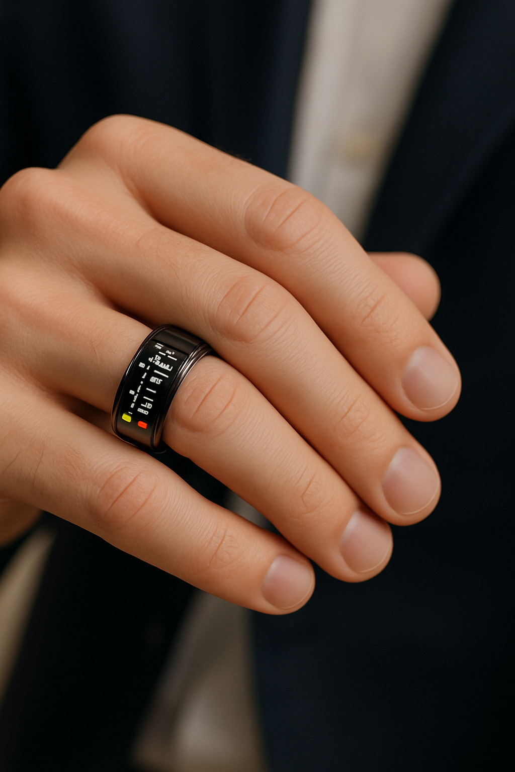Anello smart con schermo touch nero tecnologia wearable controllo notifiche digitali