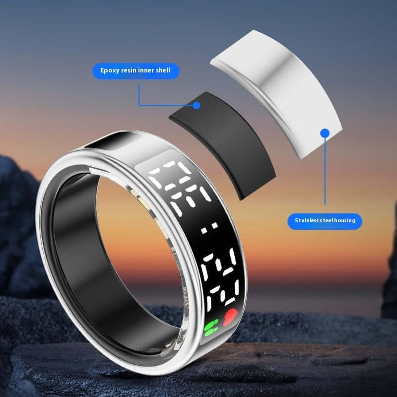 Anello smart con schermo touch nero tecnologia wearable controllo notifiche digitali