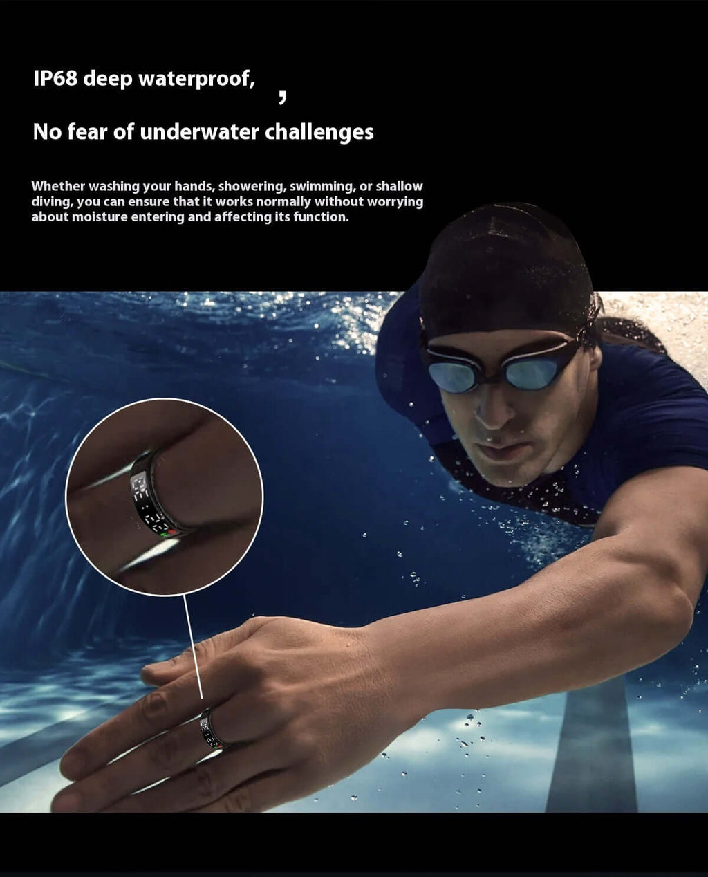 Anello smart con schermo touch nero tecnologia wearable controllo notifiche digitali