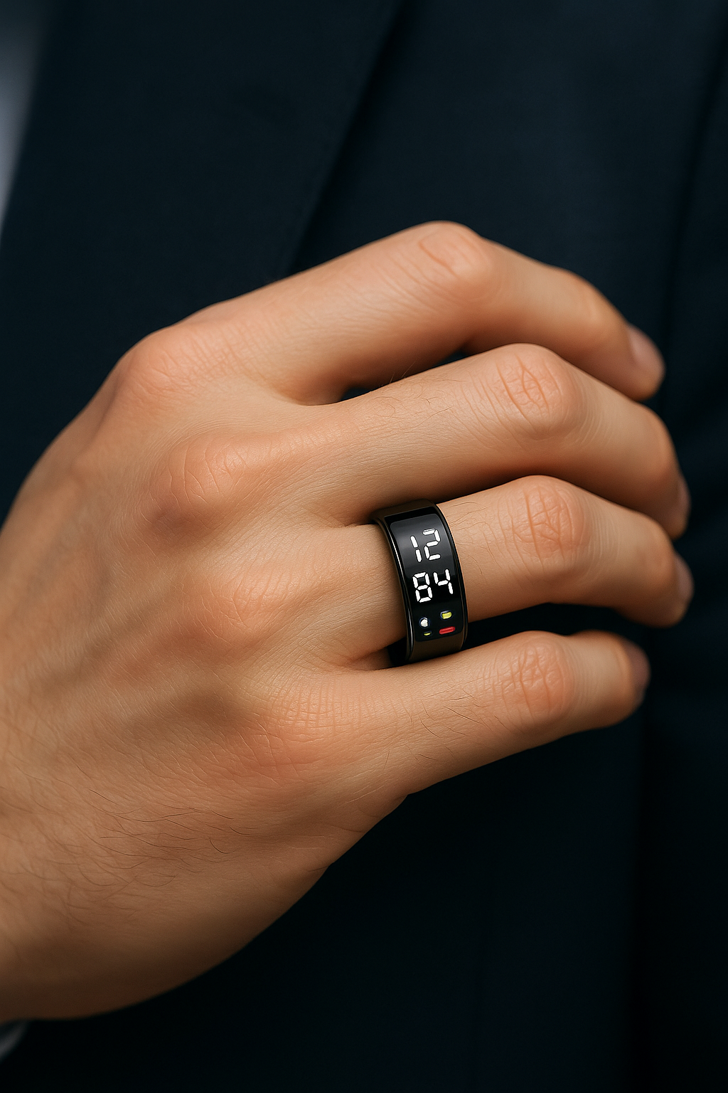 Anello smart con schermo touch nero tecnologia wearable controllo notifiche digitali