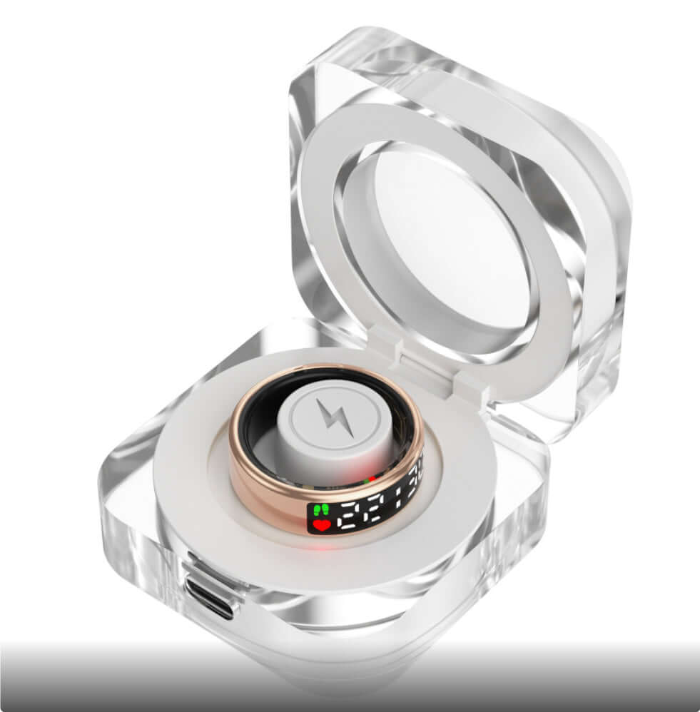 Anello smart con schermo touch nero tecnologia wearable controllo notifiche digitali