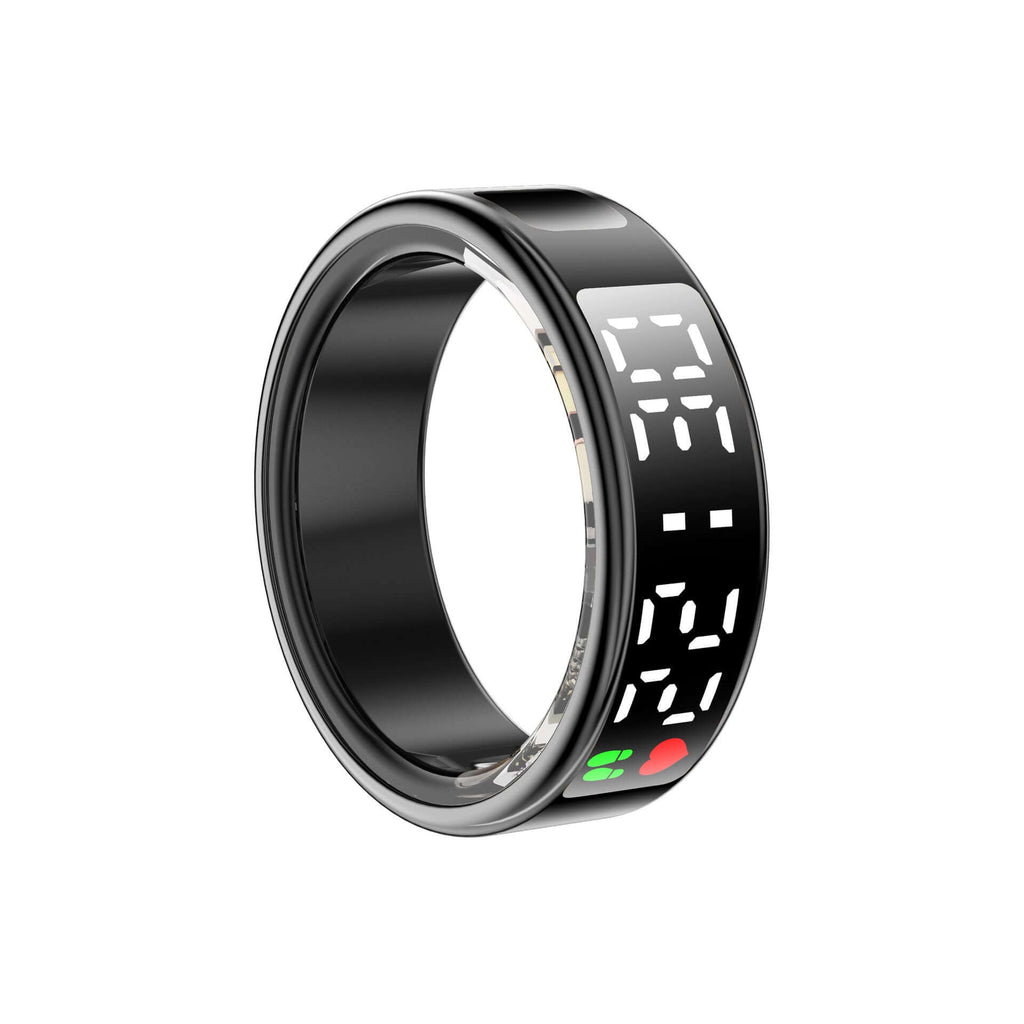 Anello smart con schermo touch nero tecnologia wearable controllo notifiche digitali