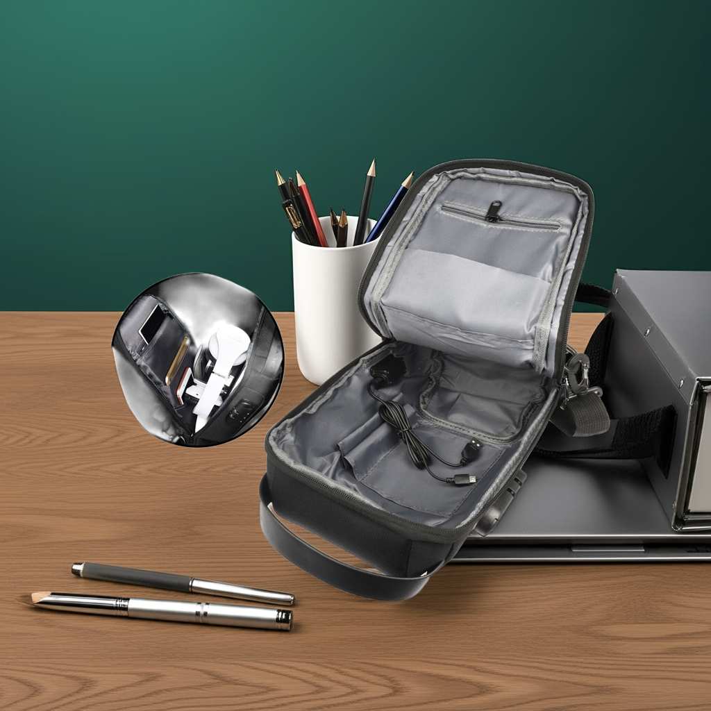 Borsa a tracolla uomo nera impermeabile antifurto con porta USB per business travel