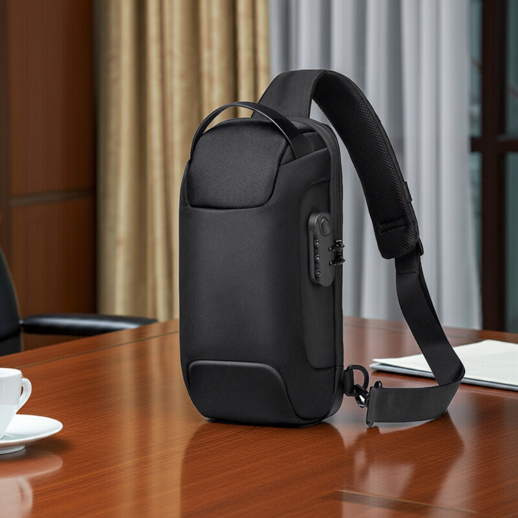 Borsa a tracolla uomo nera impermeabile antifurto con porta USB per business travel