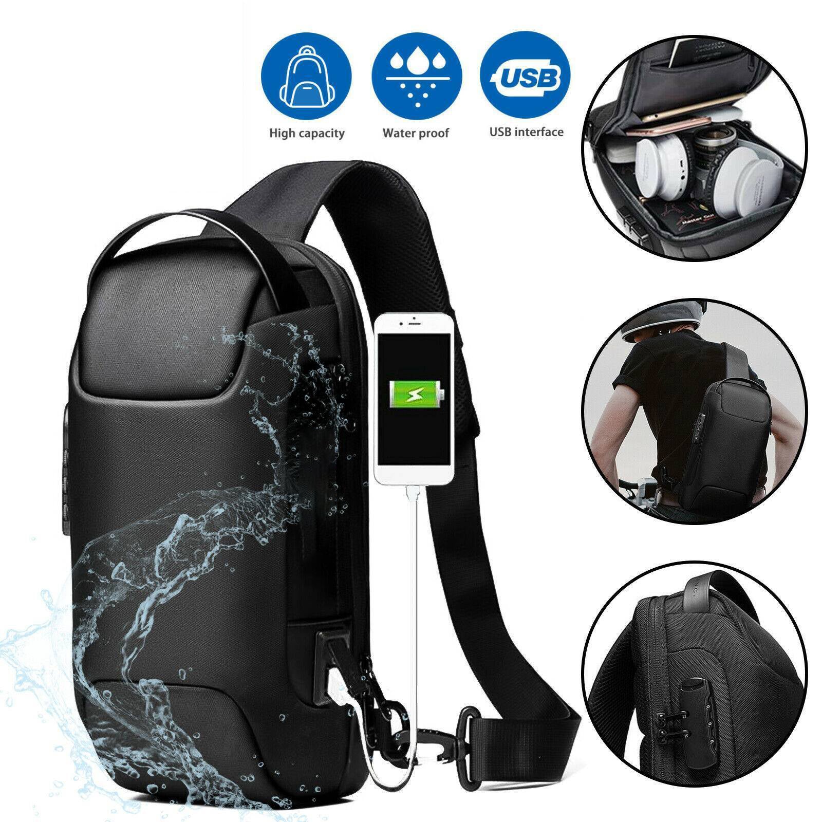 Borsa a tracolla uomo nera impermeabile antifurto con porta USB per business travel