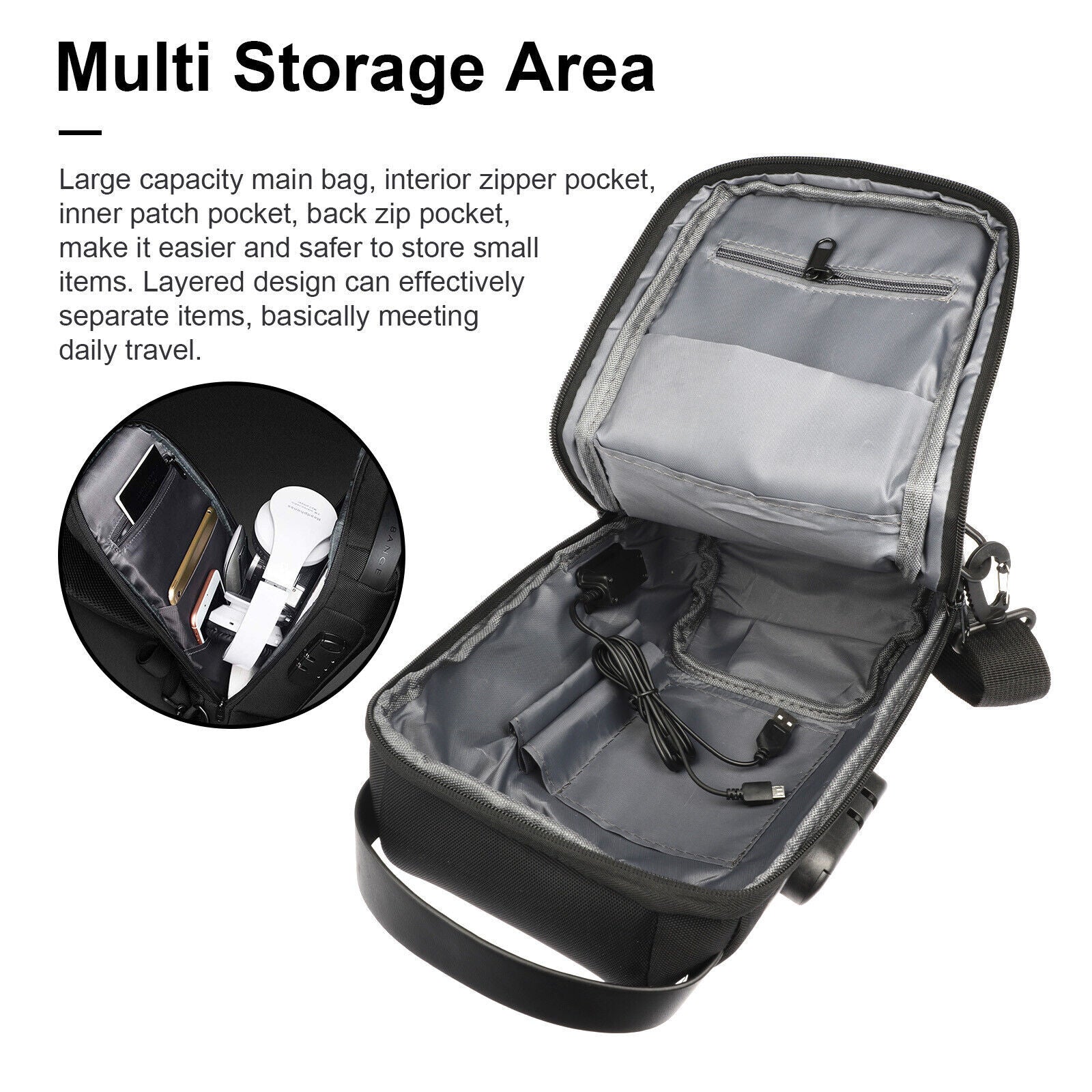 Borsa a tracolla uomo nera impermeabile antifurto con porta USB per business travel
