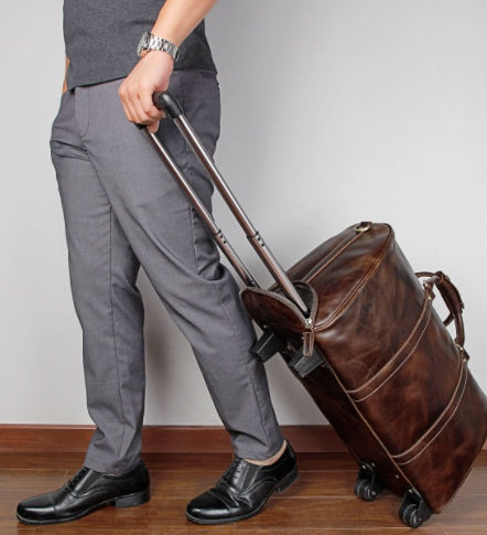Borsa da viaggio in pelle genuina marrone con trolley grande capacità luxury business