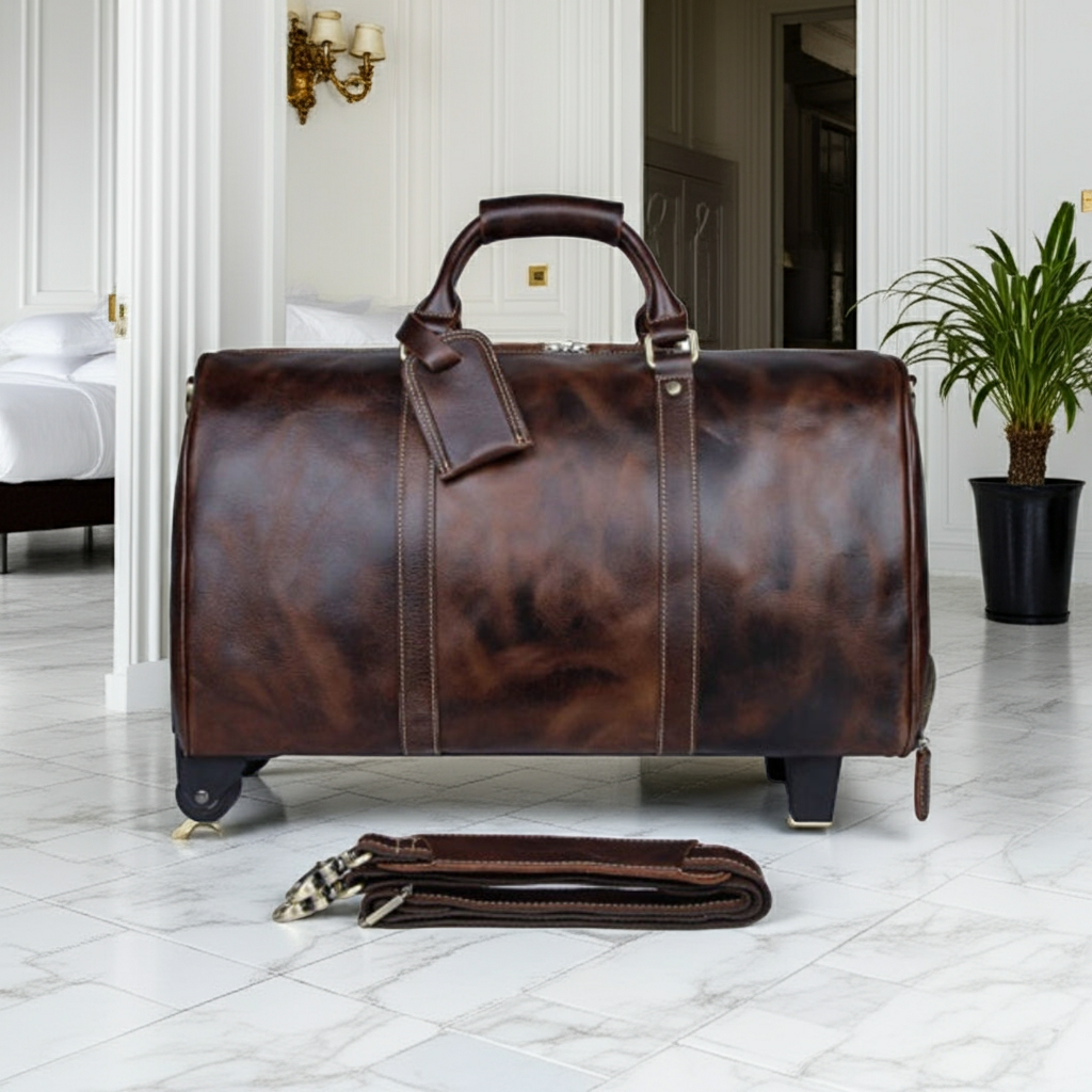 Borsa da viaggio in pelle genuina marrone con trolley grande capacità luxury business