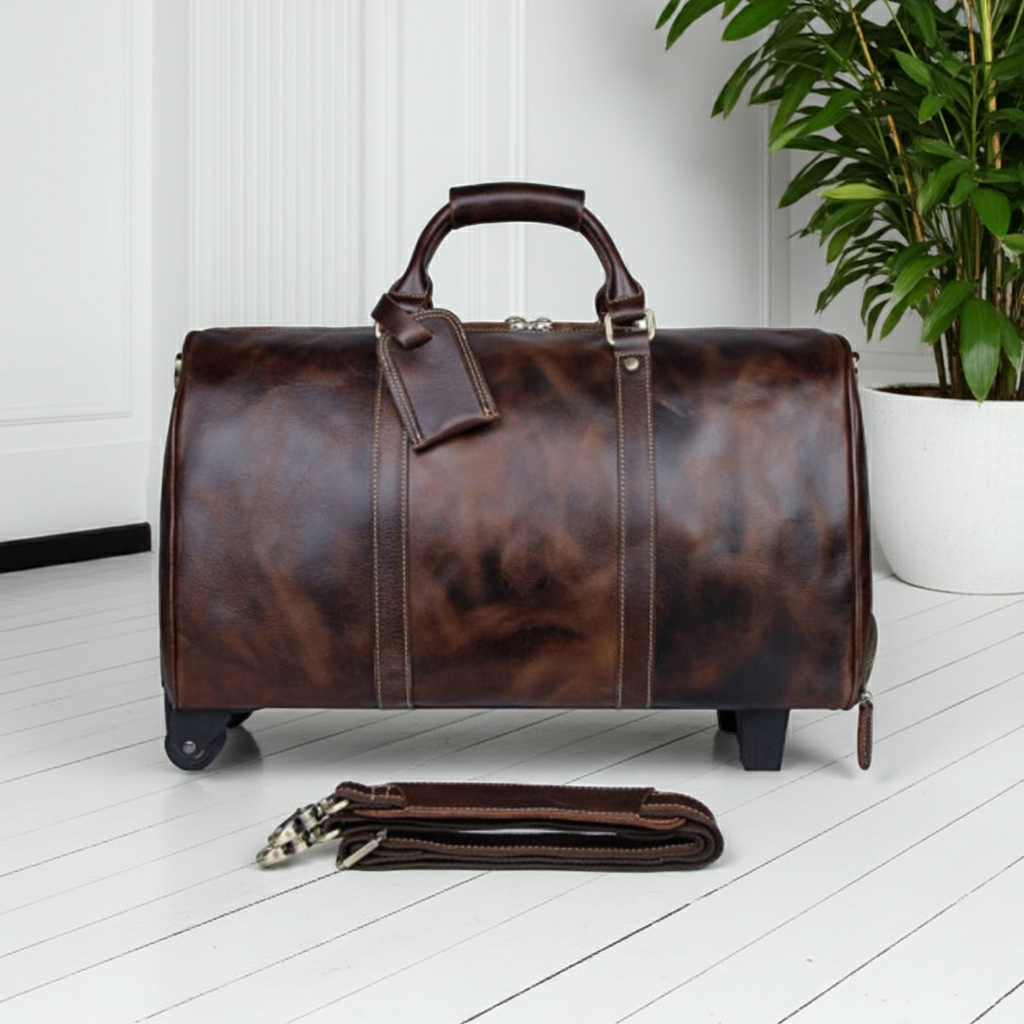 Borsa da viaggio in pelle genuina marrone con trolley grande capacità luxury business