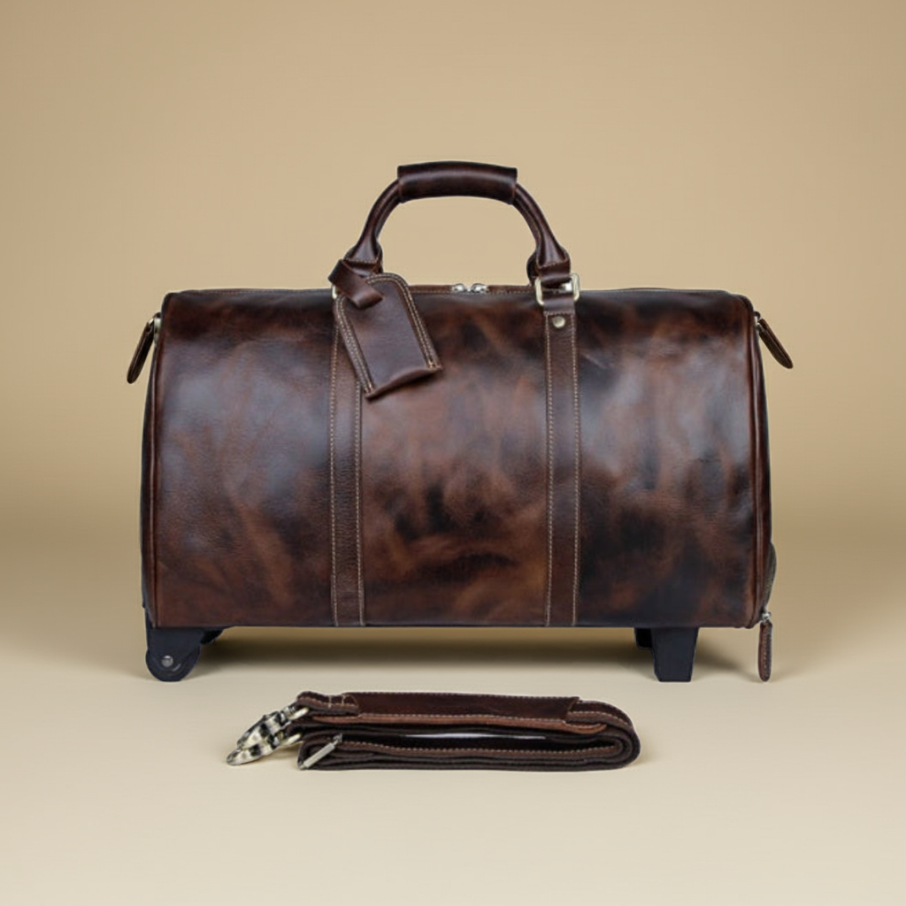 Borsa da viaggio in pelle genuina marrone con trolley grande capacità luxury business