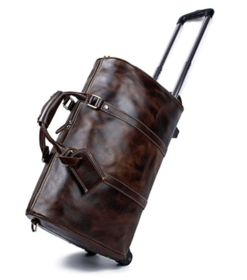 Borsa da viaggio in pelle genuina marrone con trolley grande capacità luxury business