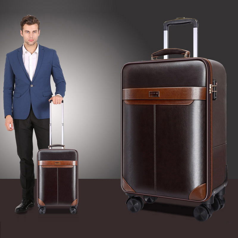 Brown PU leather men's trolley suitcase with laptop pockets and lock, 16-20-24 inches